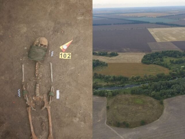 Scheletul și locul unde se află cimitirul. (Viaceslav Baranov/Academia Națională de Științe a Ucrainei)