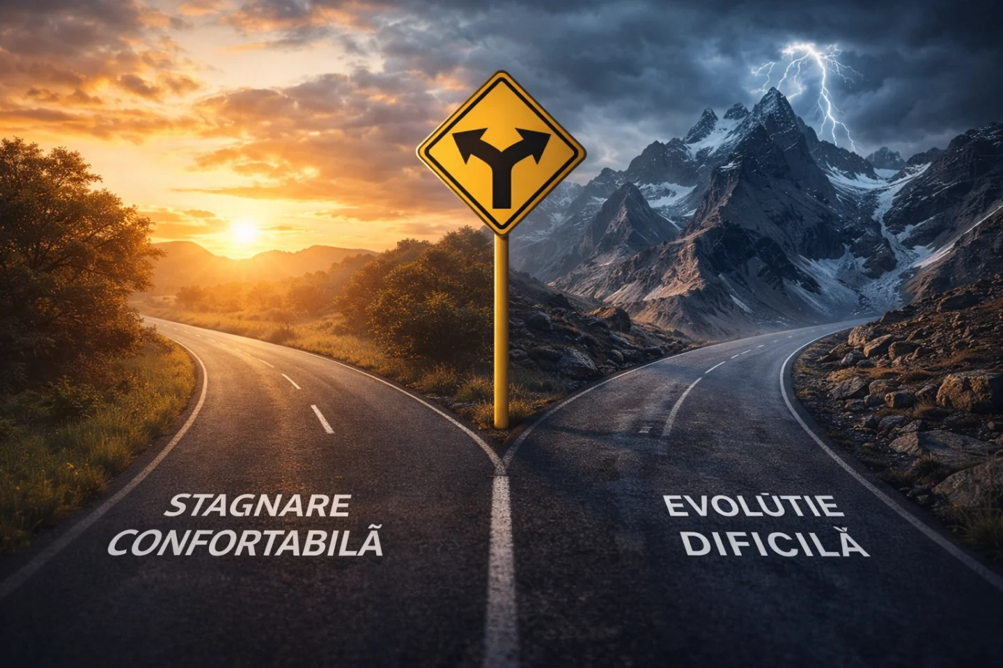 Doua drumuri divergente simbolizand alegerea intre stagnare confortabila si evolutie dificila