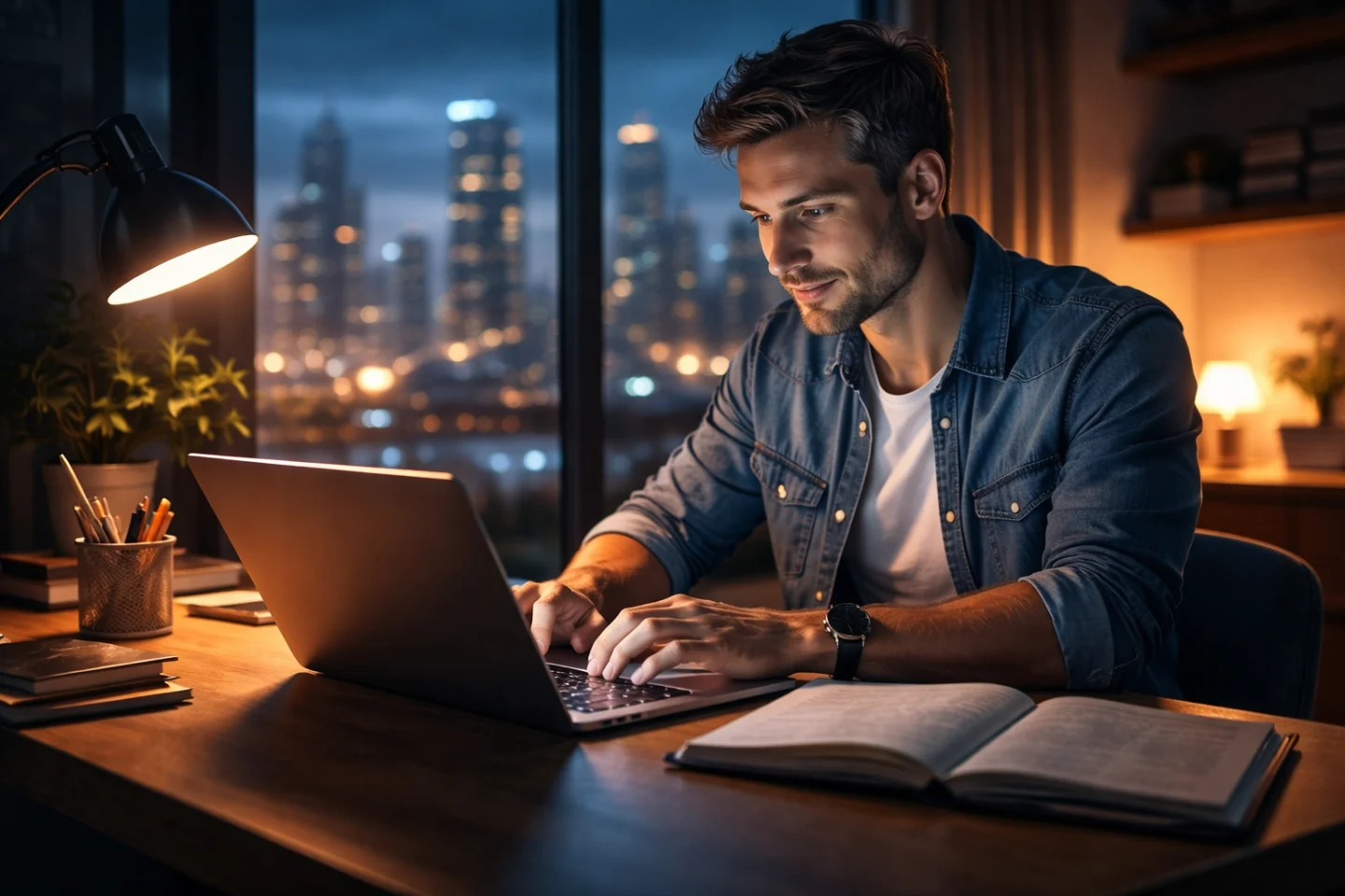 Persoana care studiaza noaptea la laptop simbolizand adaptarea continua si evolutia profesionala