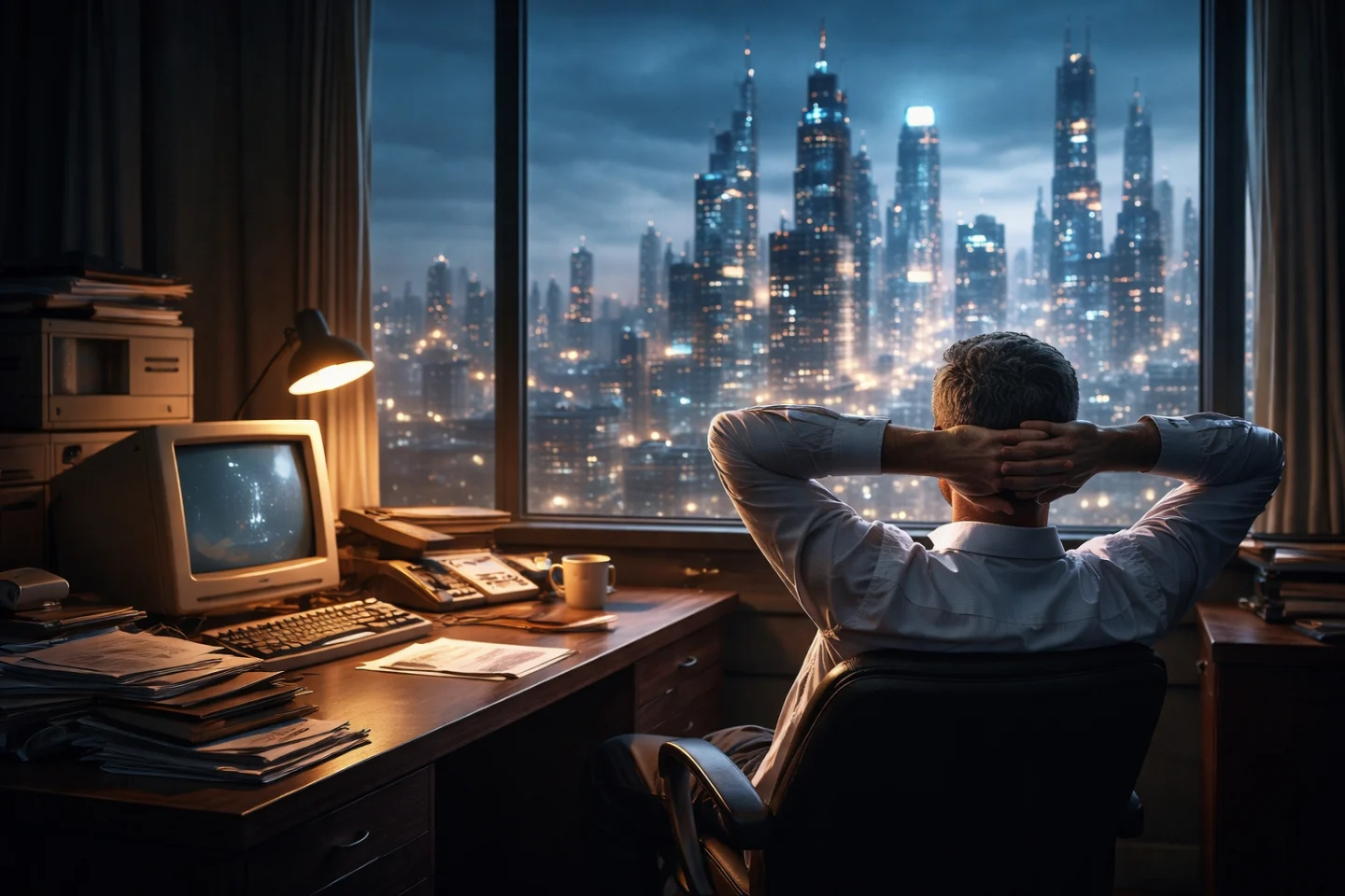 Profesionist blocat la un birou invechit privind pe fereastra catre un oras modern futurist — metafora vizuala pentru stagnare vs evolutie