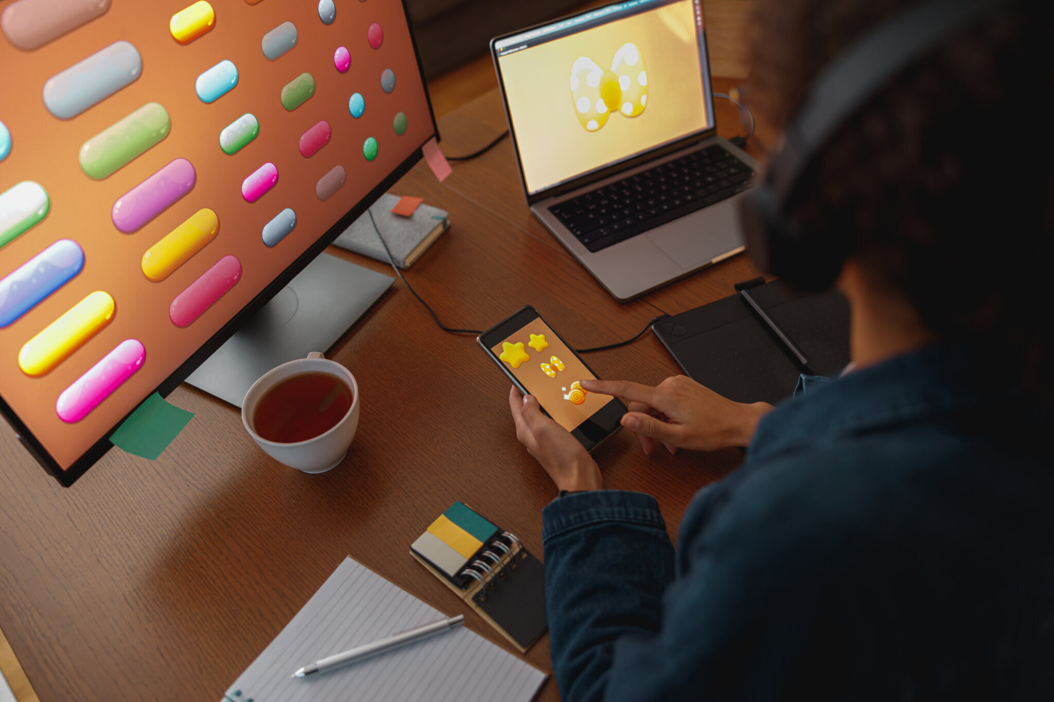 Woman graphic designer is using smartphone during 01 09 00 44 33 utc