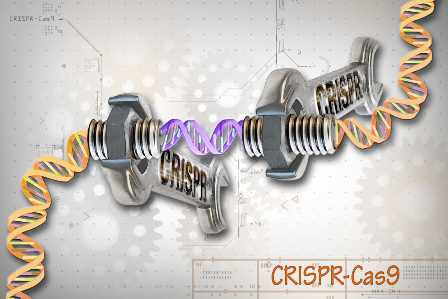 Ilustrație a instrumentului molecular CRISPR-Cas9 folosit pentru editarea precisă a ADN-ului