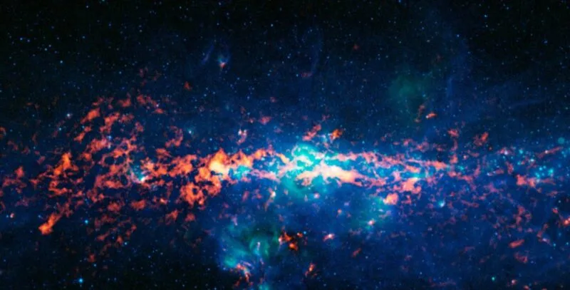 Imagine cu centrul galaxiei noastre si norul molecular Sagittarius B2, regiune bogata in molecule organice complexe