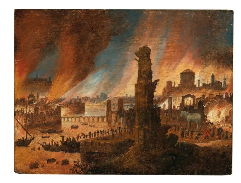 Pictură din secolul al XVII-lea, realizată de pictorul olandez Dirck Verhaert, care înfățișează incendiul legendar al Troiei