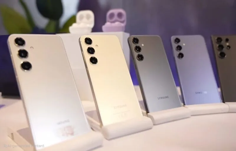 Trei telefoane Samsung Galaxy din seria S24 așezate pe o suprafață albă