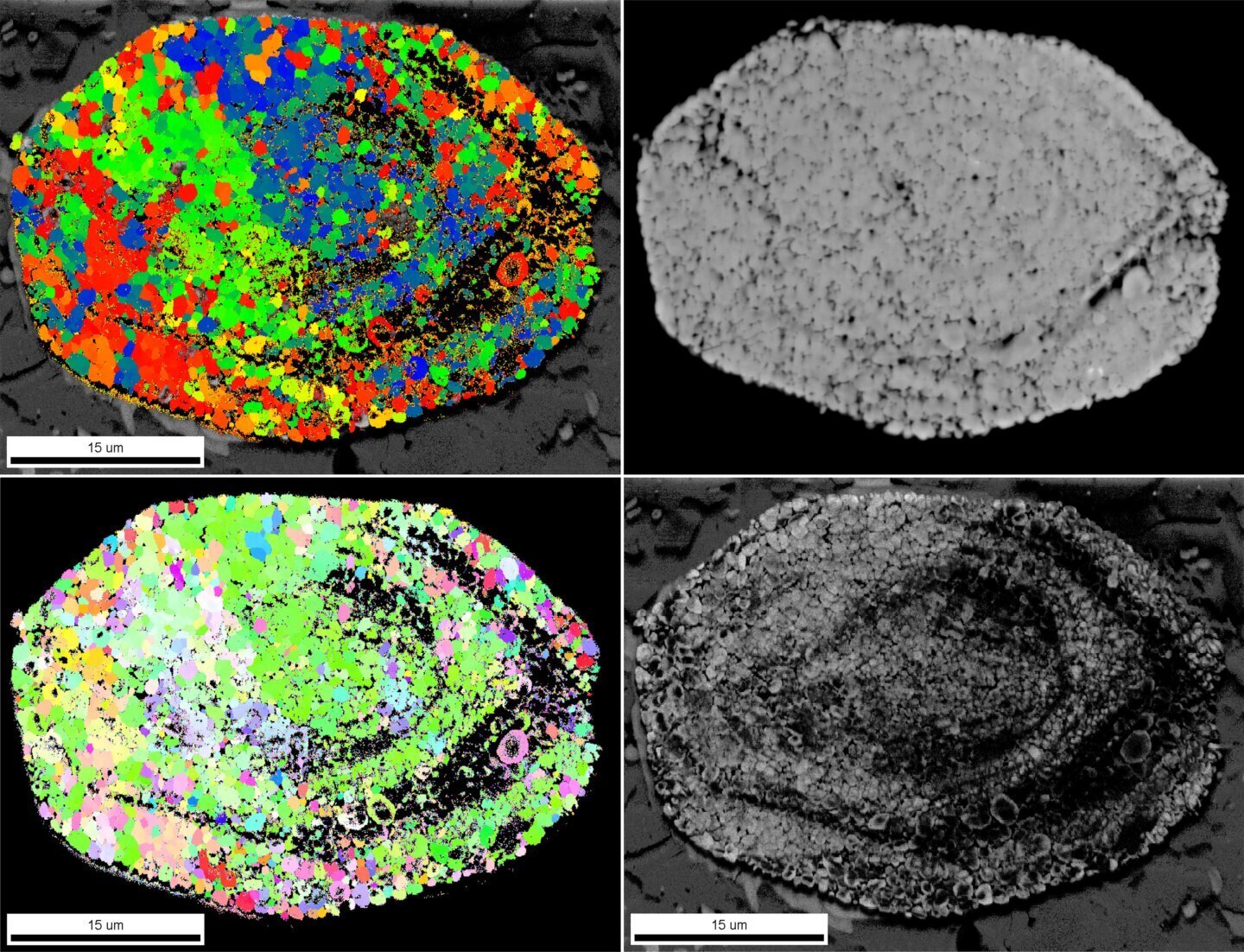 Cristale de zircon la microscop, folosite pentru a data o viață de 3,5 miliarde de ani