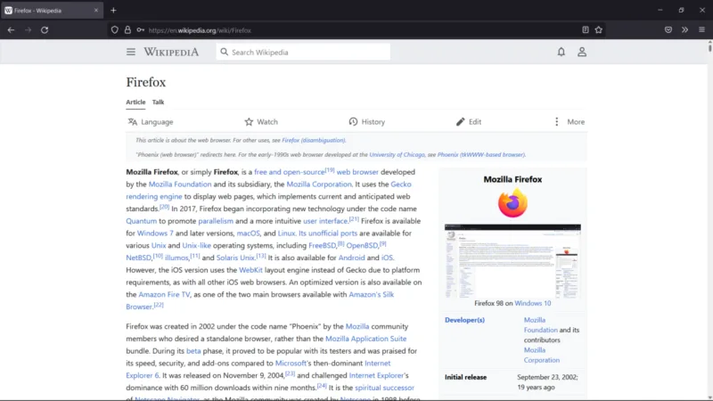 Fereastră Firefox cu temă întunecată rulând pe Windows 11
