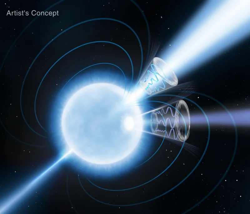 Reprezentare artistică a magnetarului 1E 1547.0-5408, steaua neutronică folosită pentru a testa birefringența vidului