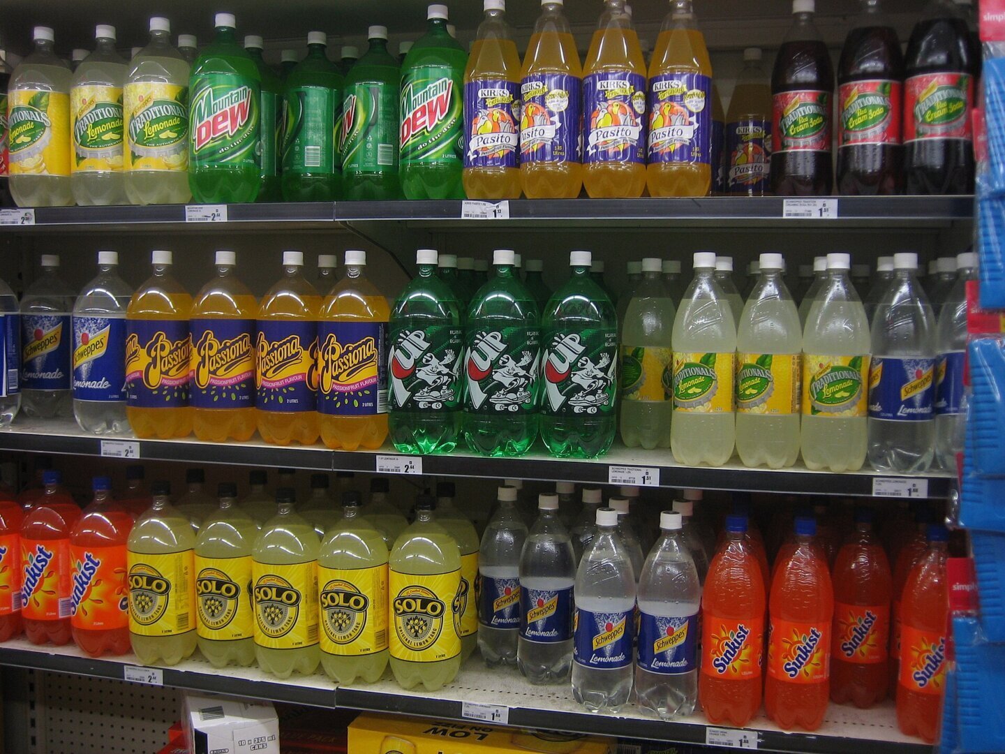 Raft de magazin cu băuturi răcoritoare, exemple tipice de alimente ultraprocesate