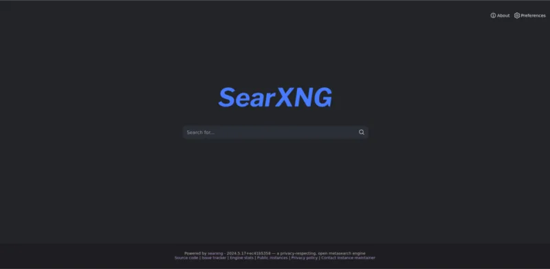 Pagina principală SearXNG, motorul folosit de alternative la Perplexity rulate local