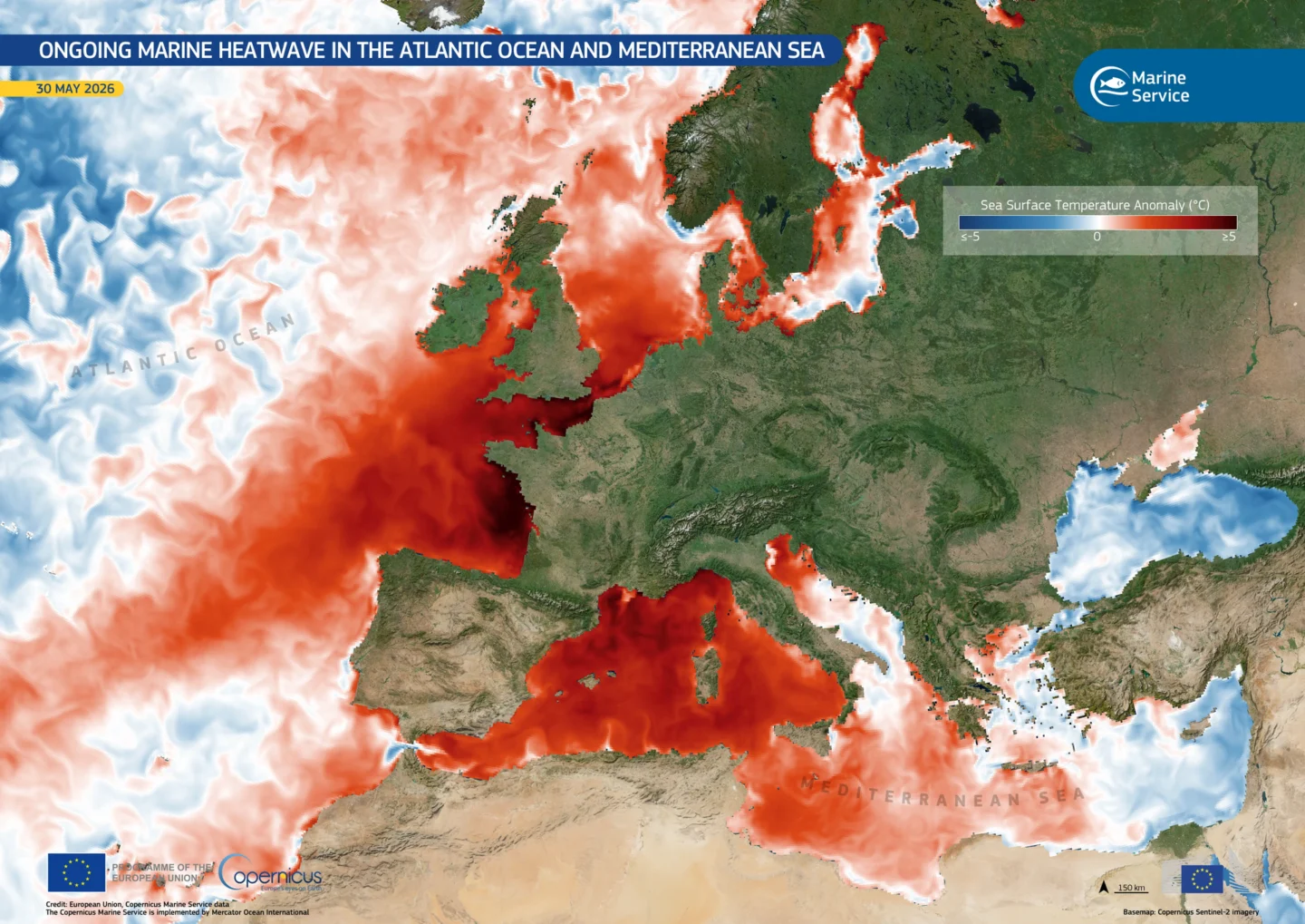 Hartă Copernicus cu anomaliile pentru temperatura oceanelor în Atlantic și Marea Mediterană