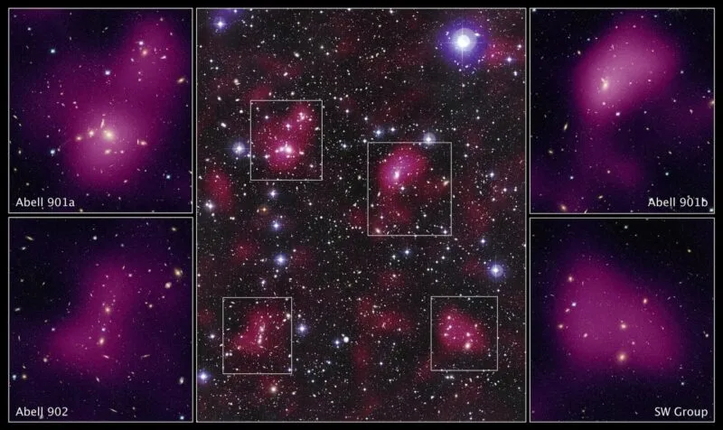 Distribuția materiei întunecate într-un roi masiv de galaxii, cartografiată de telescopul spațial Hubble