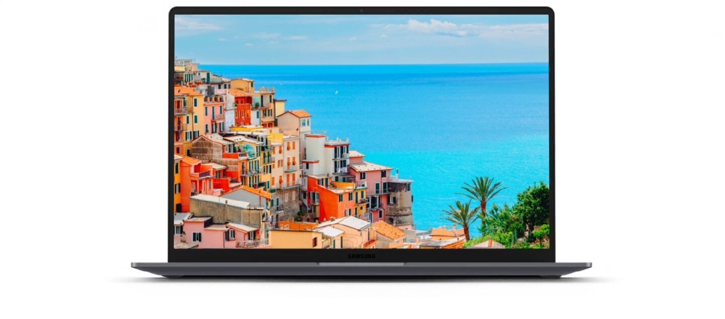 Samsung Galaxy Book6 de 14 inci văzut din față, cu ecranul aprins