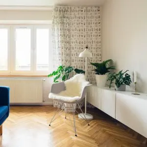 Sufragerie modernă cu televizor pe perete, canapea albastră și plante, unde se află de obicei boxele TV conectate la internet