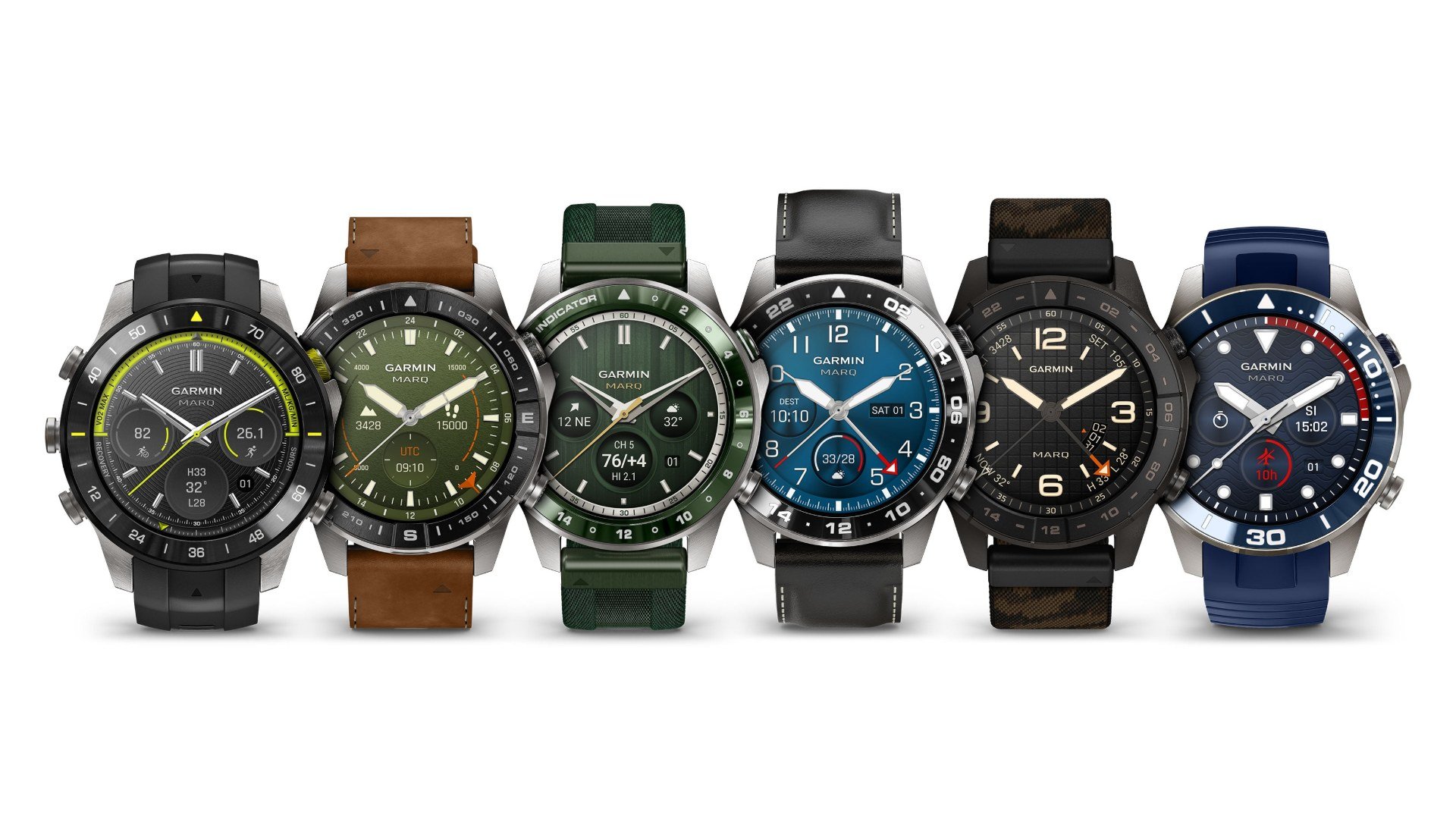 Garmin MARQ Gen 3 Cele șase ediții Garmin MARQ Gen 3 aliniate: Athlete, Adventurer, Aviator, Commander, Diver și Golfer