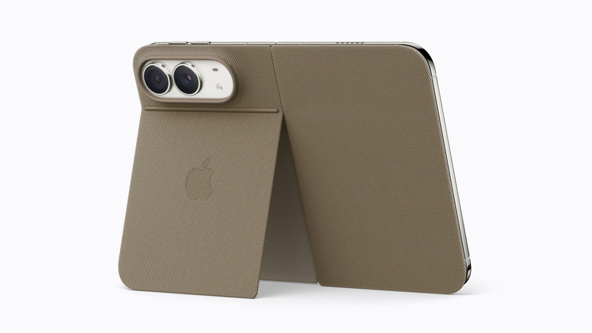 Husa Folio cu suport pentru iPhone Duo, în nuanța taupe, montată pe spatele telefonului pliabil
