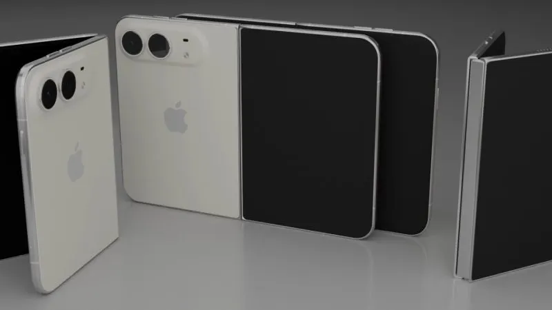 Randare 3D a telefonului pliabil iPhone Duo, alb, în mai multe poziții: închis și deschis