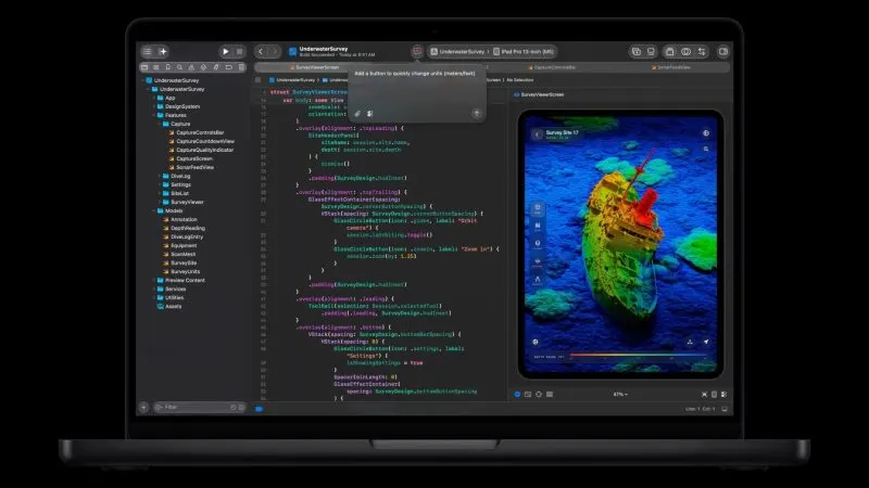 MacBook Pro de 14 inchi cu cip M6 în culoarea negru cosmic, deschis, cu un proiect Xcode pe ecranul Liquid Retina XDR