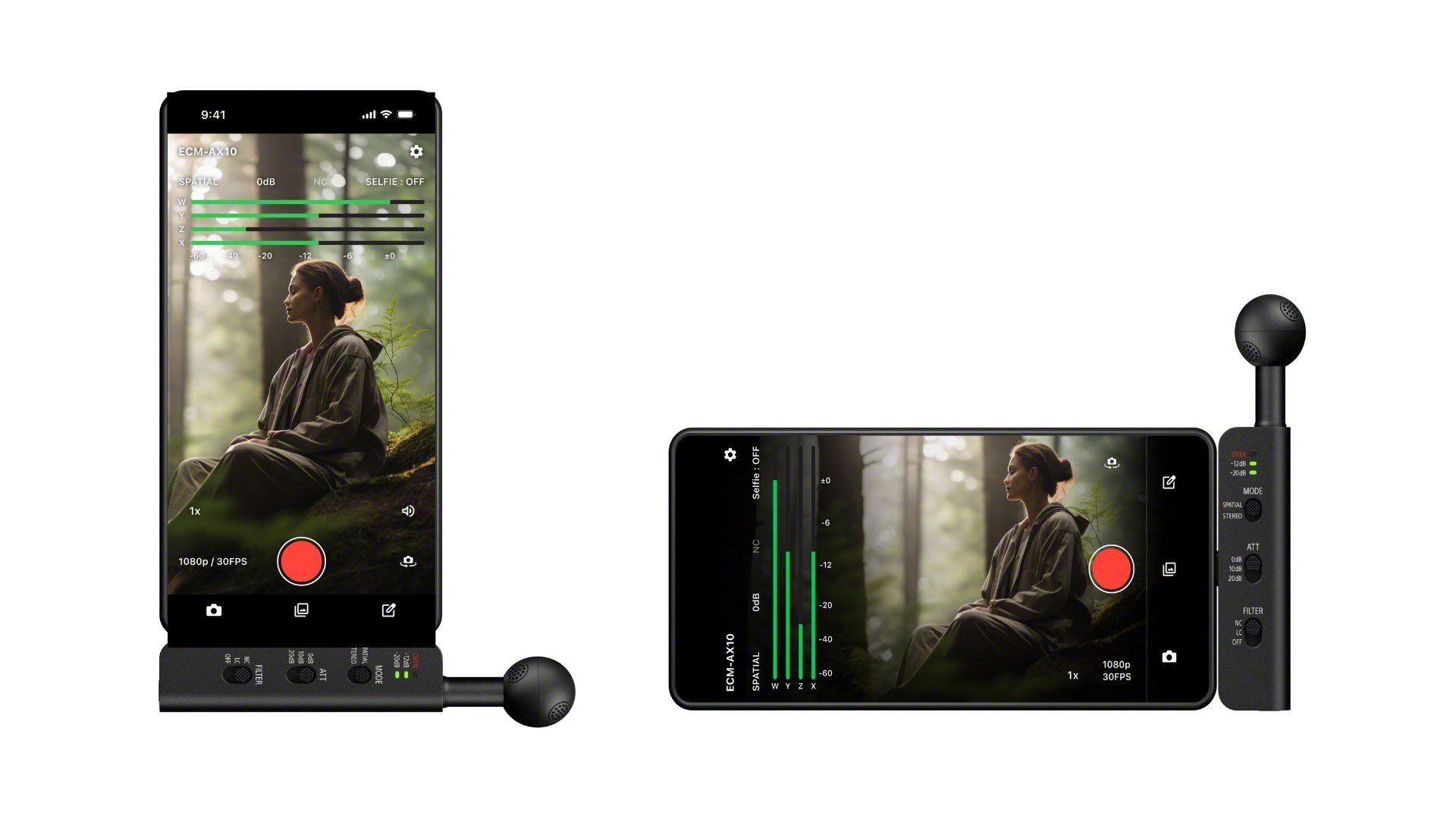 Sony ECM-AX10 Microfonul Sony ECM-AX10 conectat la un smartphone, în modul portret și în modul peisaj, cu aplicația de înregistrare deschisă