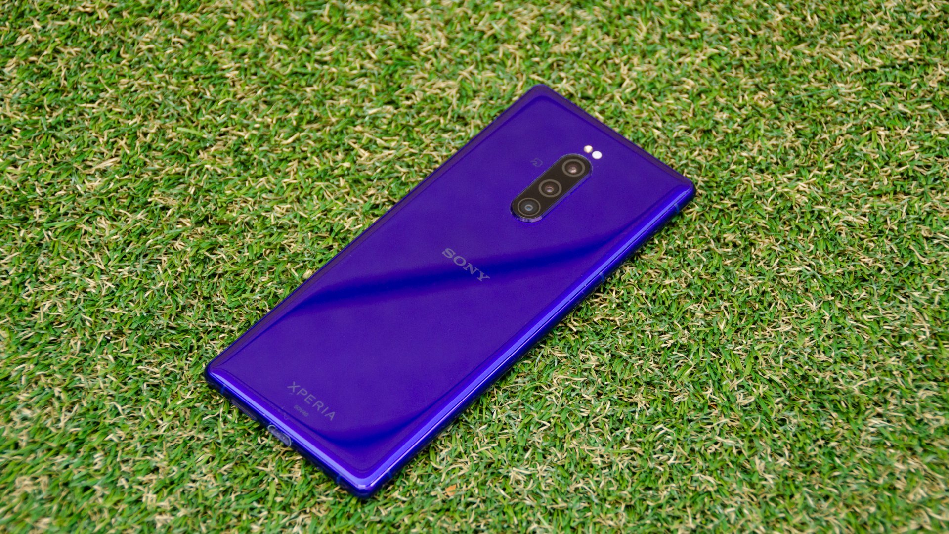 Telefon Sony Xperia 1 mov pe gazon, model din aceeași familie cu Xperia 10 VI
