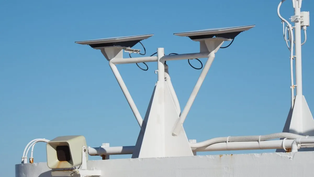 Starlink Două antene Starlink plate montate pe structura unei nave, pe cer senin