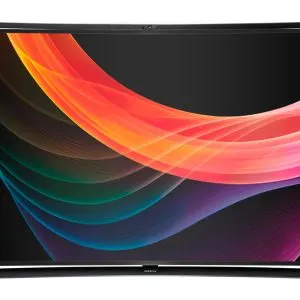 Televizor OLED cu ecran mare afișând un fundal colorat, pe fundal alb