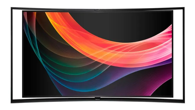 Televizor OLED cu ecran mare afișând un fundal colorat, pe fundal alb
