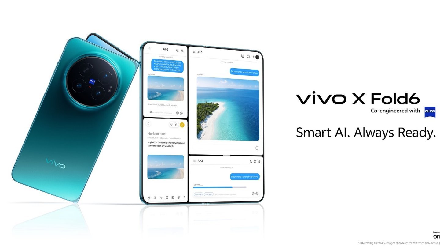 vivo X Fold6 vivo X Fold6 albastru, văzut din spate și deschis, cu ecranul interior afișând aplicații
