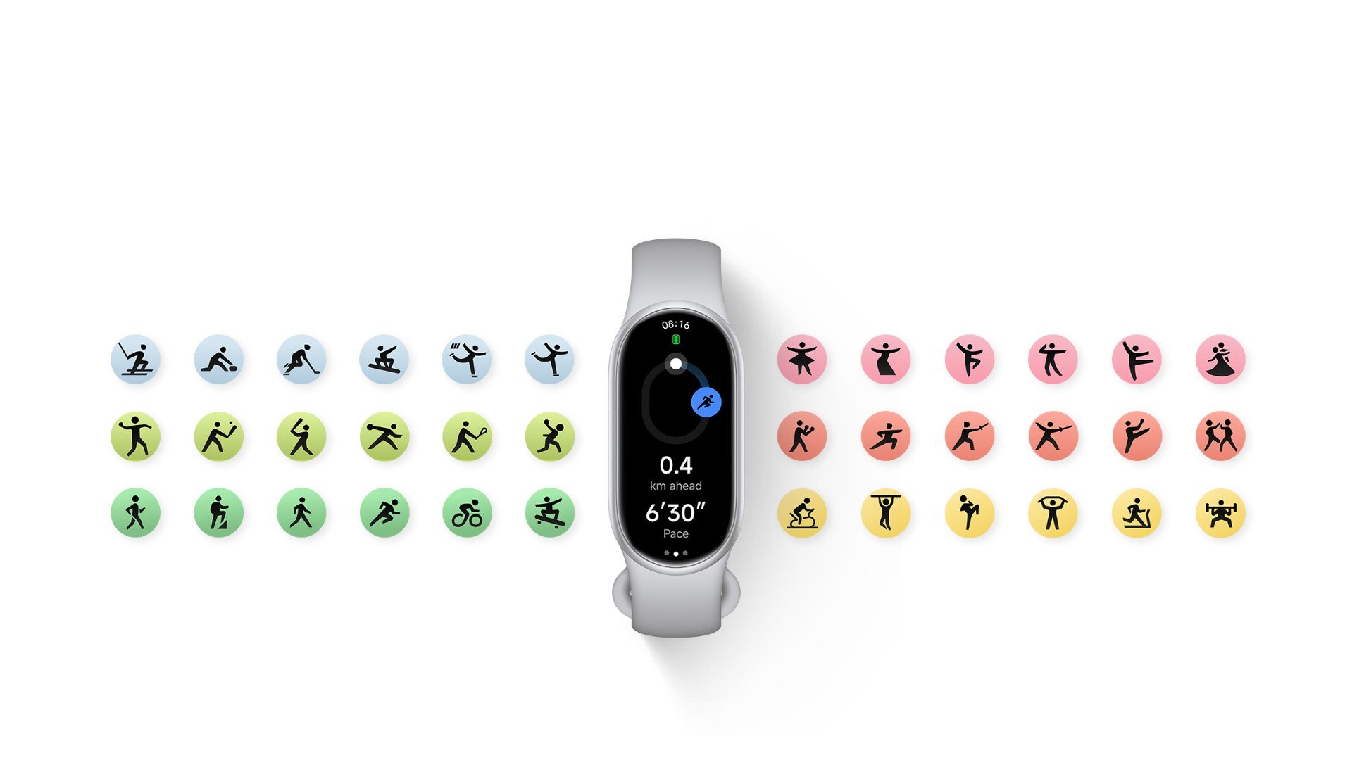 Xiaomi Smart Band 11 argintie, înconjurată de pictogramele modurilor sportive